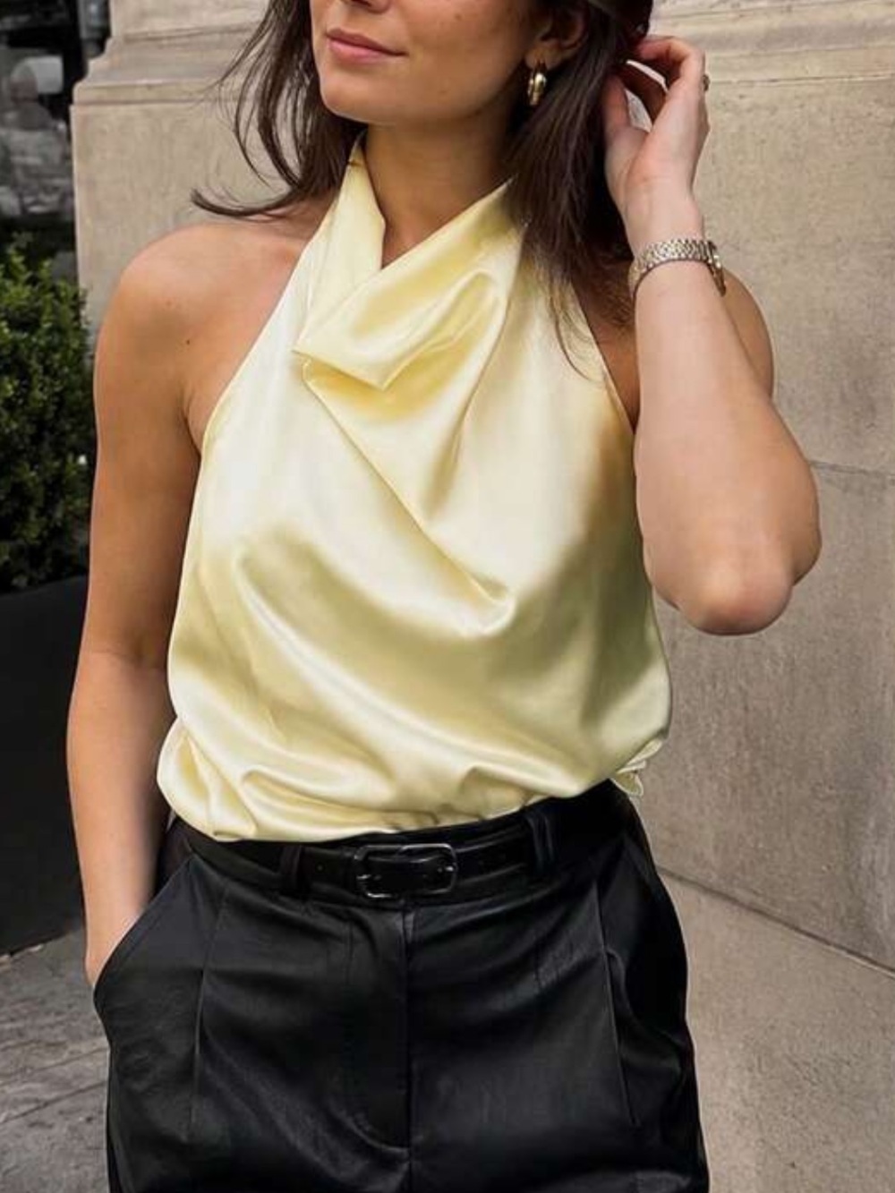 Satin Halter Cowl Neck Top in Light Yellow - Women's